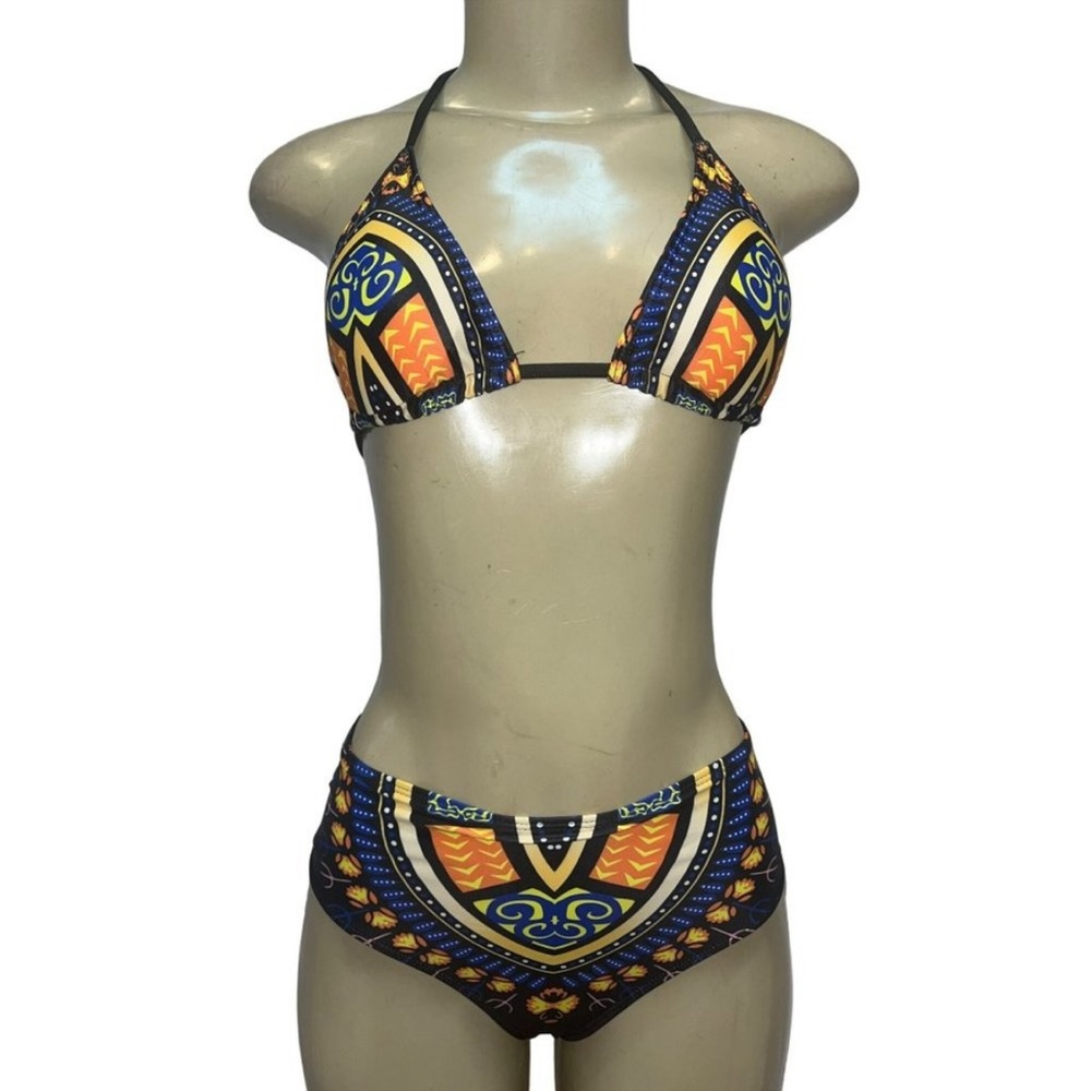 Boho Swimwear Triangle Bikini Top High Waist Bottom 2 Piece Swimsuit Black